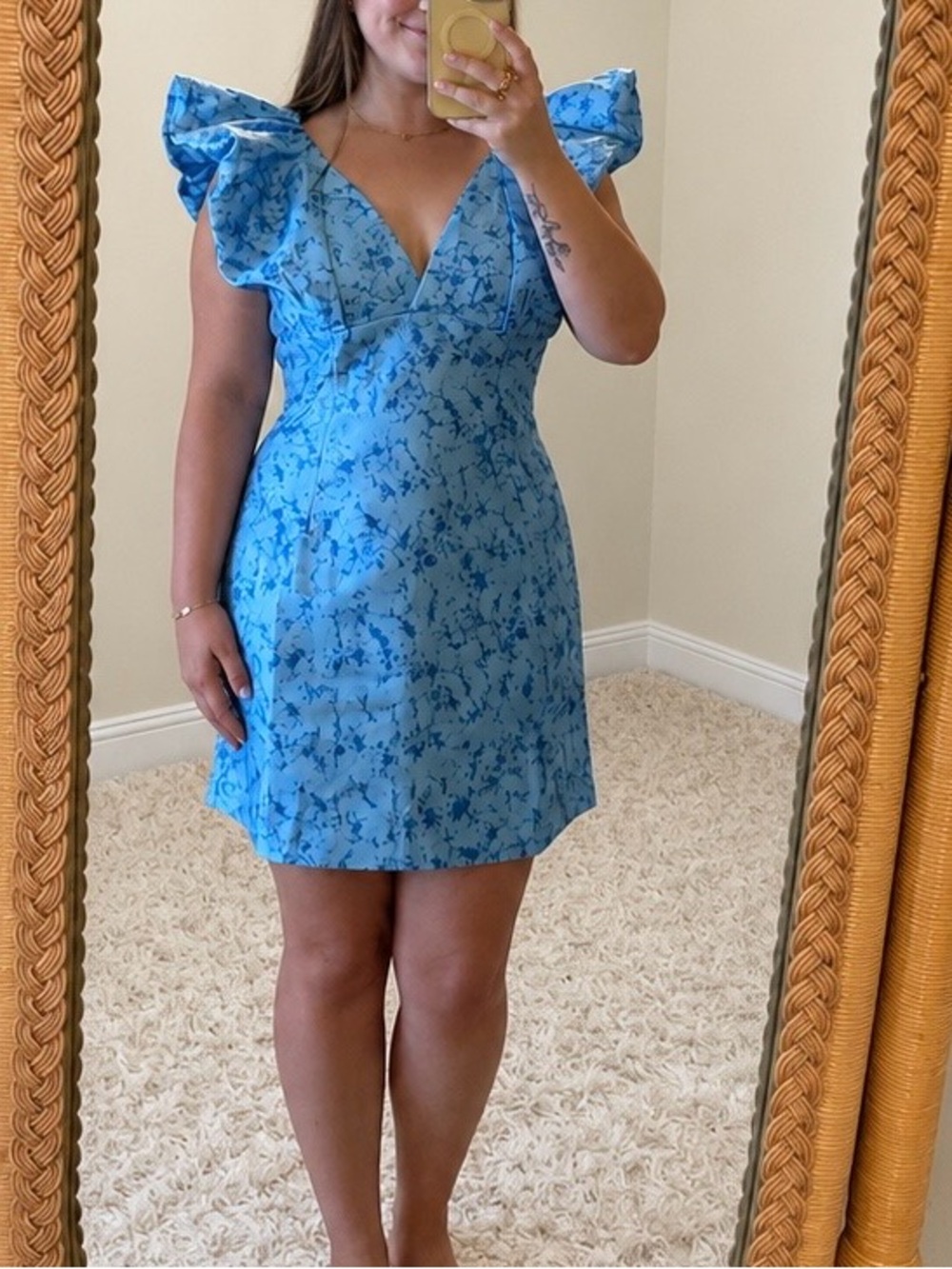 Blue Floral Jacquard V-Neck Dress